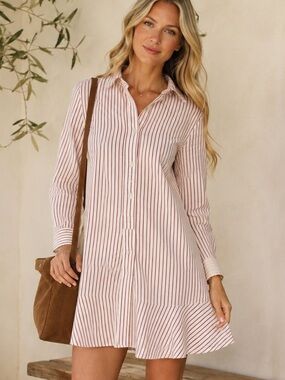 Quince Organic Cotton Poplin Drop Waist Shirt Dress S Tribeca Stripe Ruffle UT